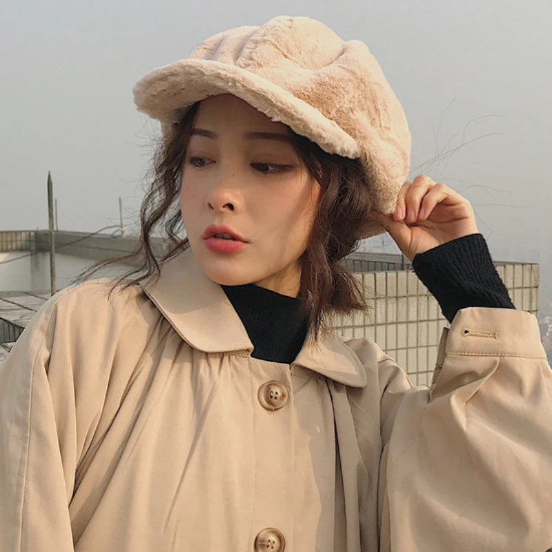 

HT2209 Autumn Winter Women Hats Soft Fleece Fur Women Berets Solid Plain Octagonal Newsboy Caps Vintage Artist Painter Women Cap