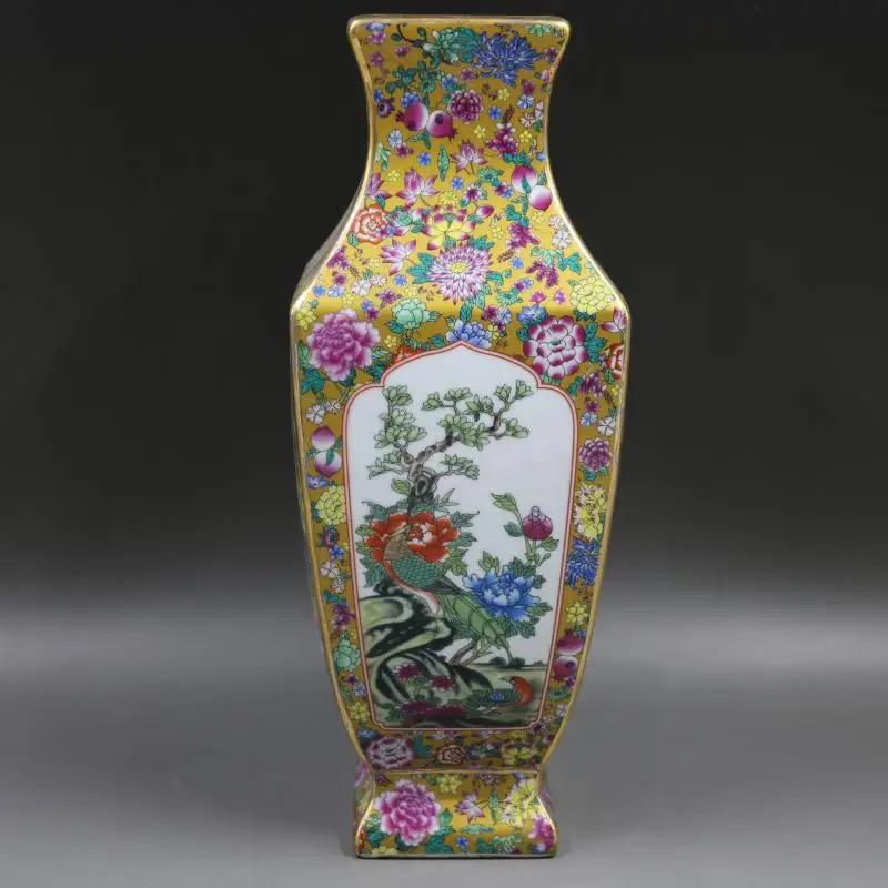 

Qianlong Year Mark gold pastel four seasons antique square vase antique home decoration porcelain ornaments antiques collection