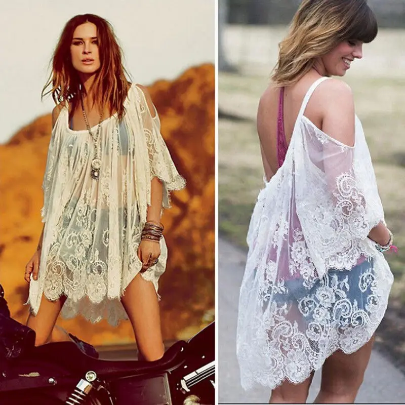 

Women Bathing Suit Cover Up Lace Crochet Casual Beachwear Mini Dress