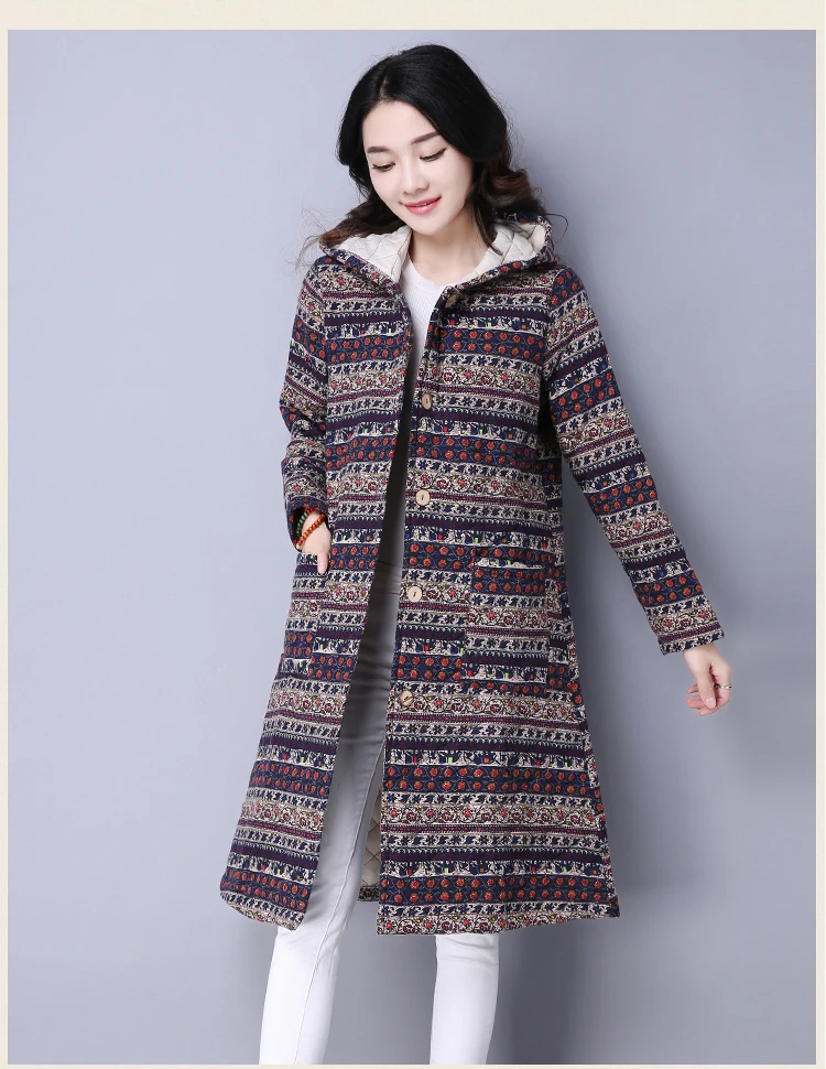 Winter Vintage Hooded Print Mid-Long Cardigan Retro Warm Long Sleeve Coat Oversized Plus Size Hoodies Thicken Cotton Jacket |