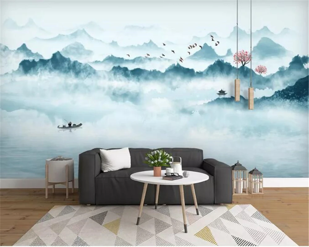 Пользовательские 3d обои Beibehang чернильный пейзаж модные синие Летающие птицы