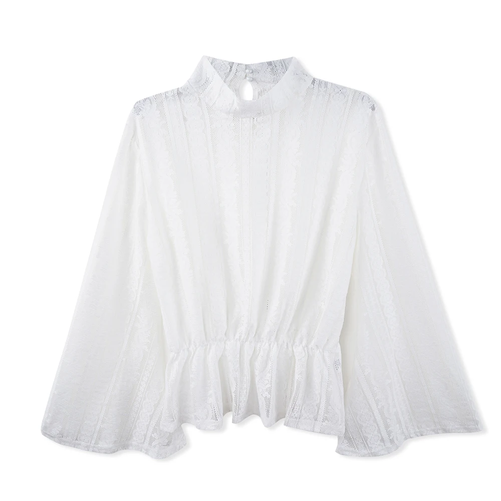 

Sexy Lace White Flare Sleeve Women's Blouse Shirt Sexy Perspective Solid Shirt Chiffon Tops Woman Blusas