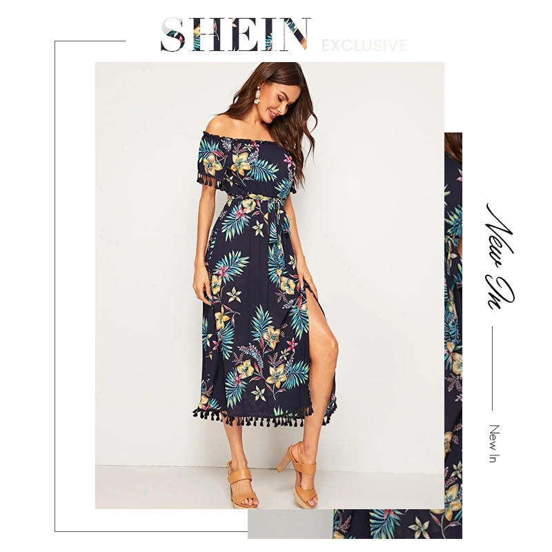 SHEIN темно-синее платье с тропическим принтом и кисточками, с разрезом, с поясом, с открытыми плечами, женское летнее платье с высокой талией, Boho, длинные платья