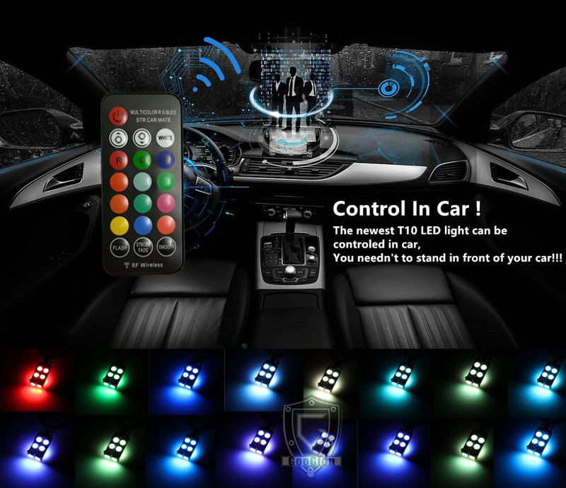 GOOGION RGB W5W T10 РЧ контроль светодиодный Габаритные фонари для автомобиля RGB T10 светодиодный 194 168 лампочка дистанционного управления салона автомобиля источник освещения автомобиля-Стайлинг
