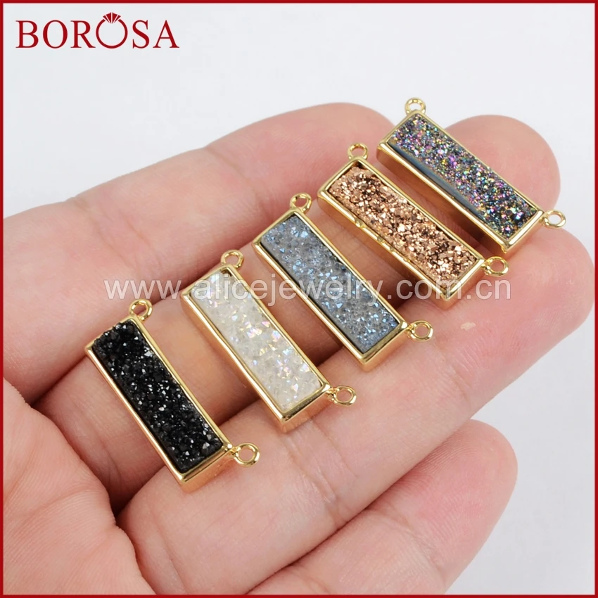 

BOROSA New Drusy Gems Rectangle Gold Color Bezel Natural Stone Titanium Rainbow Druzy Connector Double Bails DIY Necklace ZG0137