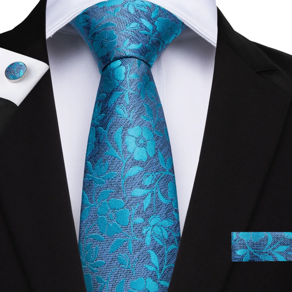 

DiBanGu 2019 Fashion Men's Ties With Hanky Cufflinks Set Silk Teal Floral Tie For Men Wedding Party Business Neckties MJ-7116