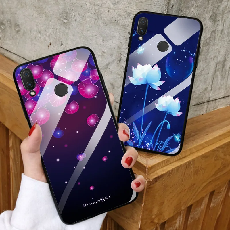 Чехол из закаленного стекла для huawei Nova 3e Flowers чехол 4e мягкая задняя крышка чехлы