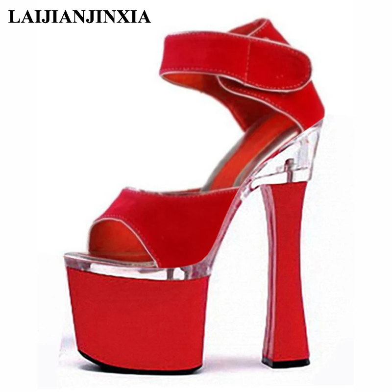 LAIJIANJINXIA Sexy New Hot Red Party 18cm Square High Heel Dancing Sandals Open Toe Women Dress Summer Pole Dance Shoes