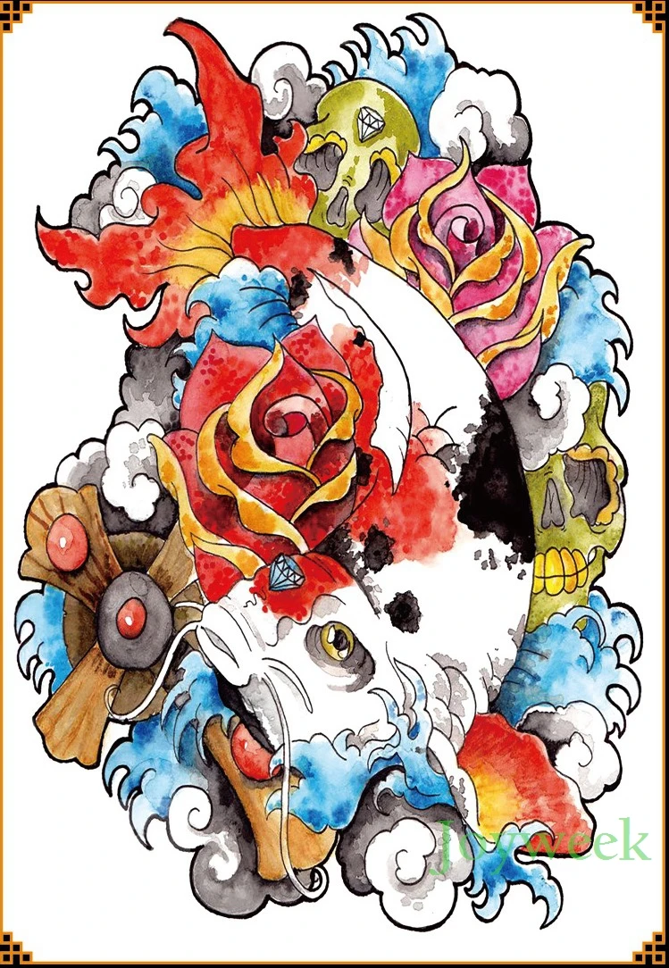 Водостойкая Временная тату-наклейка акварельные чернила цветок кои большая