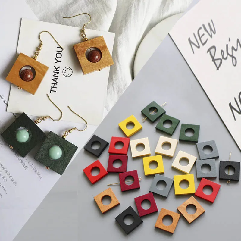

10pcs Natural Wood Square Beads Frame for Beading Jewelry Making DIY Colorful Earring Charm Geometric Bead Pendant Bezel Finding