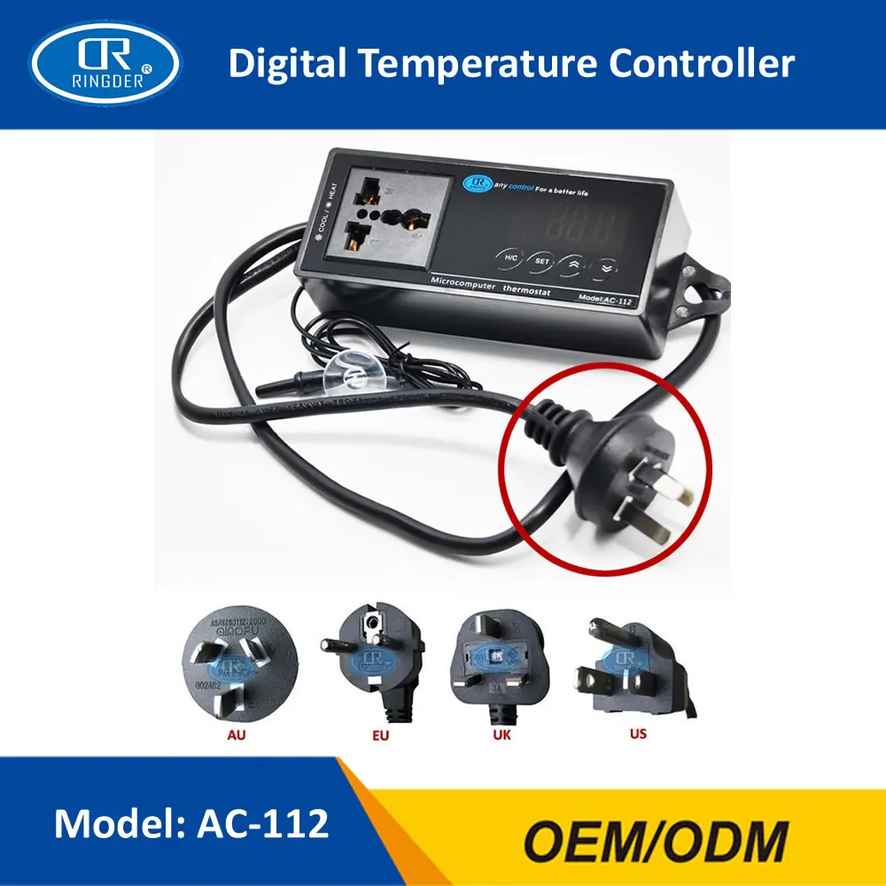 RINGDER AC-112 16-40C цифровой термостат для рептилий с вилкой и универсальной розеткой вкл/выкл регулятор контроллер температуры для аквариума