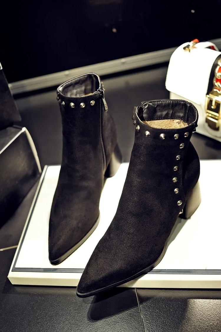 European Brand Designer Big Size 34-42-43 Rivets Chelsea Boots Velvet Short Ankle Women Zipper Studded Winter Snow Booties | Обувь