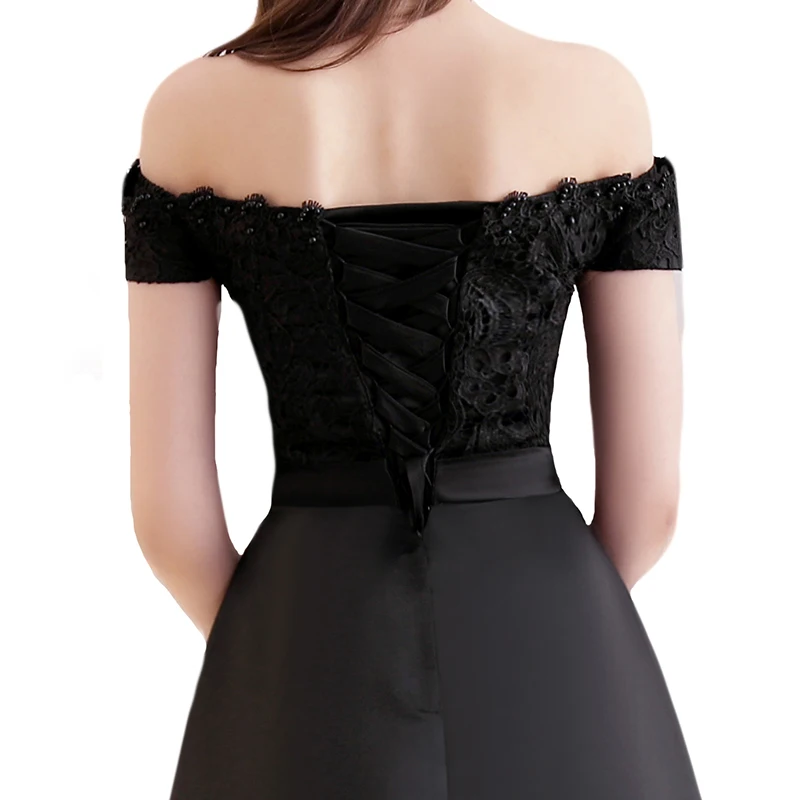 Новое поступление Элегантный для выпускного вечера платья Vestido de Festa; а-силуэт рукава на шнуровке и застежке-молнии с перламутровыми бусинами Черное короткое платье