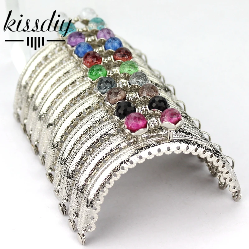 KISSDIY 10 шт. 8,5 см цветные Хрустальные шарики металлическая рамка для кошелька полукруг серебряное кружево монета поцелуй застежка для сумочки замок