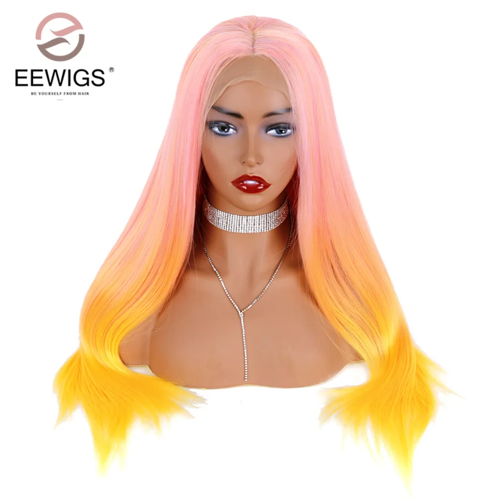 EEWIGS, желтый, Ombre, розовый синтетический парик на кружеве, жаропрочные Длинные прямые парики, высокотемпературные парики для женщин