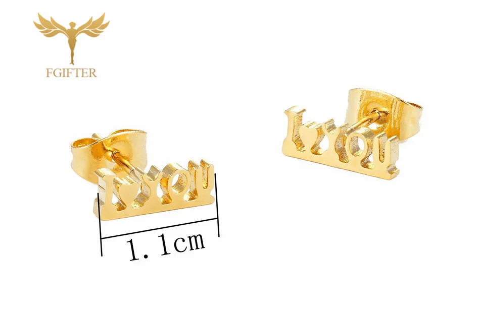 FGifter Romantic Love Word Earrings for Lovers Gold Color Steel Stud Earring Cute Small Studs Lover's Gifts Jewelry | Украшения и