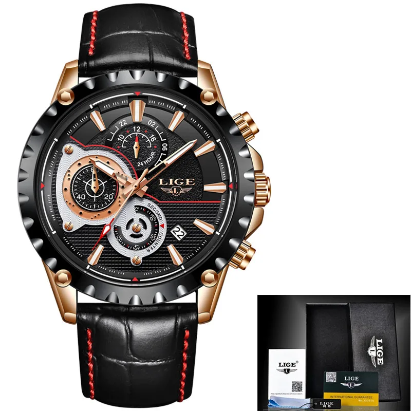 Gold Black LIGE мужские часы Топ люксовый бренд Модные Бизнес Кварцевые часы мужские кожаные военные спортивные водонепроницаемые часы Relogio Masculino - Цвет: Gold Black