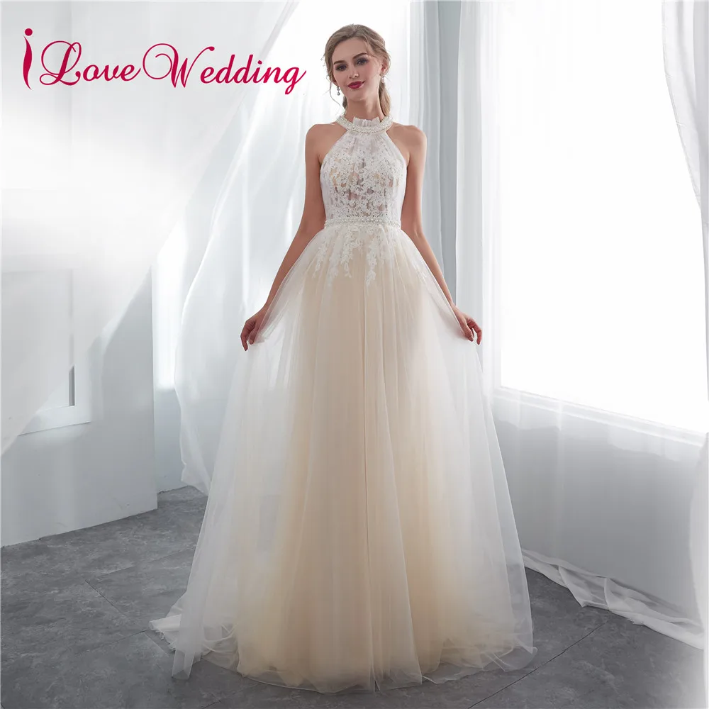 

Vestido De Novia 2020 A Line Halter Champange Tulle Lace Applique Bridal Gown Sexy Trouwjurk Cheap Wedding Dresses Real Photo