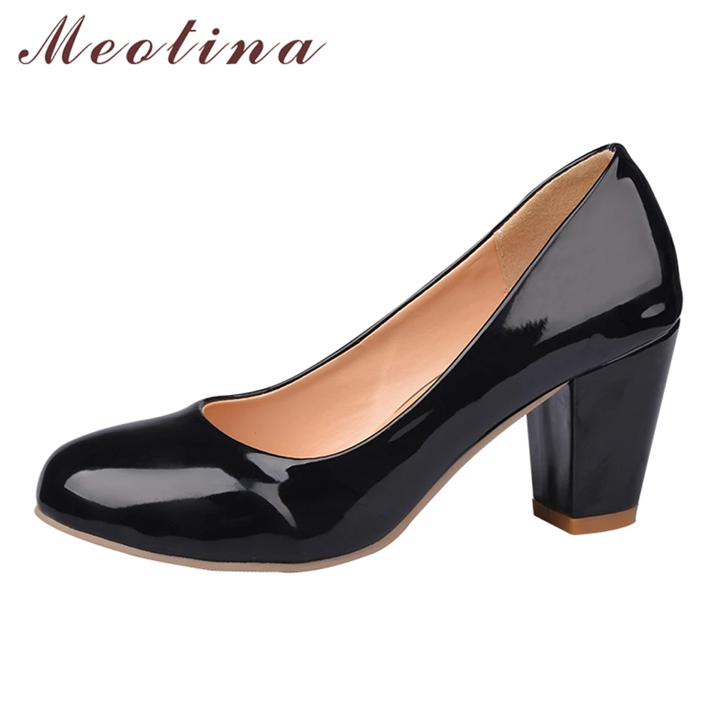 

Meotina Autumn Women Shoes Patent Leather High Heels Chunky Heels Shoes White Office Lady Dress Pumps Ladies Shoes Big Size 9 10