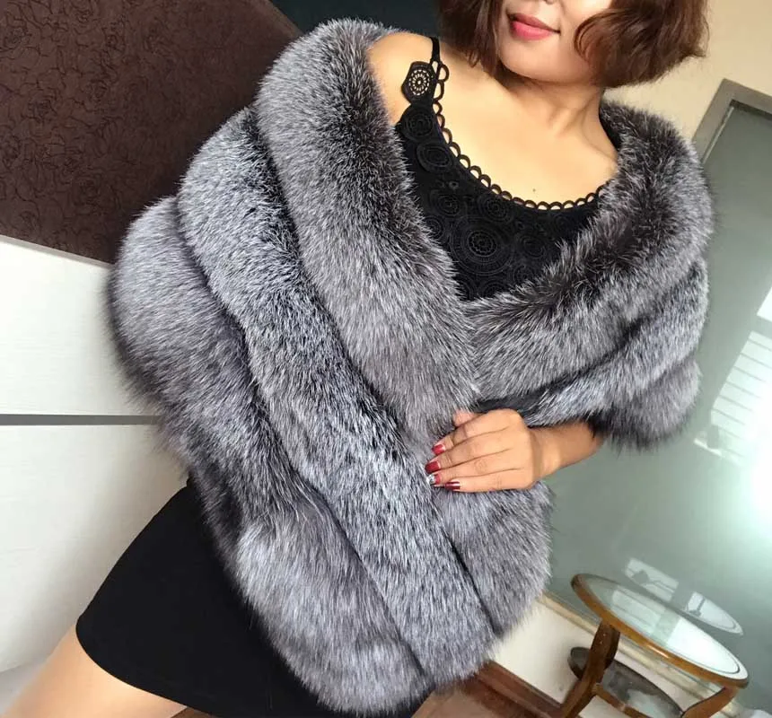 Silver Fox 1 Новинка, настоящий Полный Пелт, Лисий мех, шубы, мостик, Женское пальто, Лисий пончо, свадебное, натуральный мех, накидка, зимняя, белая, настоящий Лисий мех, шаль - Цвет: Silver Fox 1