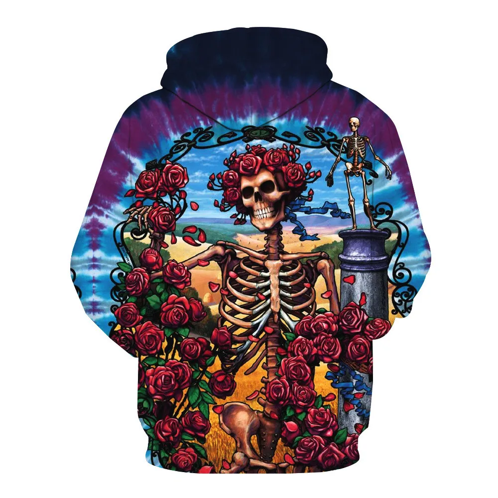 

Unisex Punk Style Romantic Skeleton with Roses Casual Hoodie 3D Digital Print Pullover Hooded Sweatshirt Drop Shipping