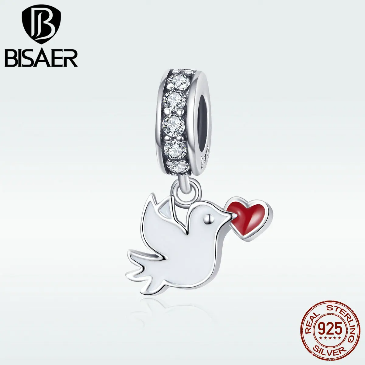 BISAER подвески для любви, 925 пробы, серебро, романтическая любовь, мессенджер, птица, бусины, белая эмаль, Подвески, подходят для оригинальных браслетов DIY ECC1227