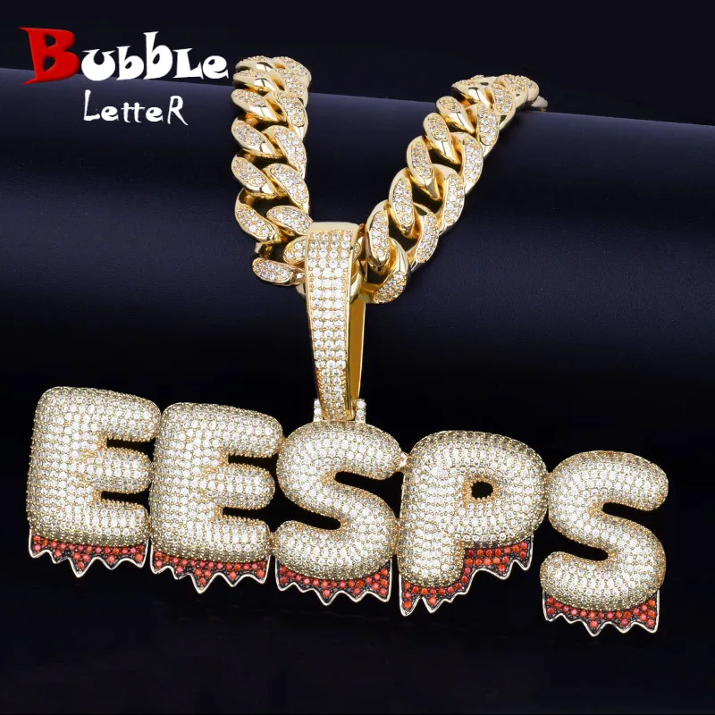 Bubble Letter Custom Name Necklace for Men Red Drippy Personalized Pendants Zircon Hip Hop Jewelry Real Gold Plated Iced Out