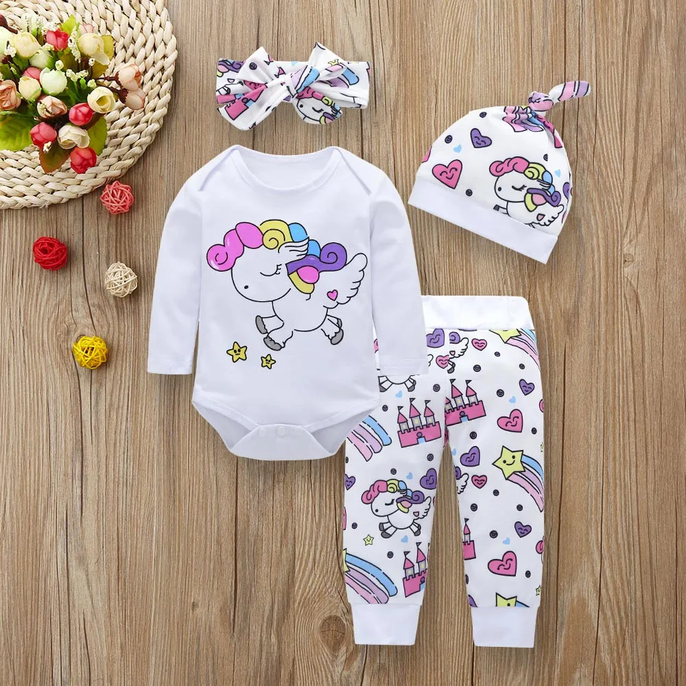 

Newborn Infant Baby Girl Clothes Set Fashion Unicorn Pegasus Star Heart Castle 4 PCS Tops Bodysuit/T-shirt+Pants+Hat+Headband