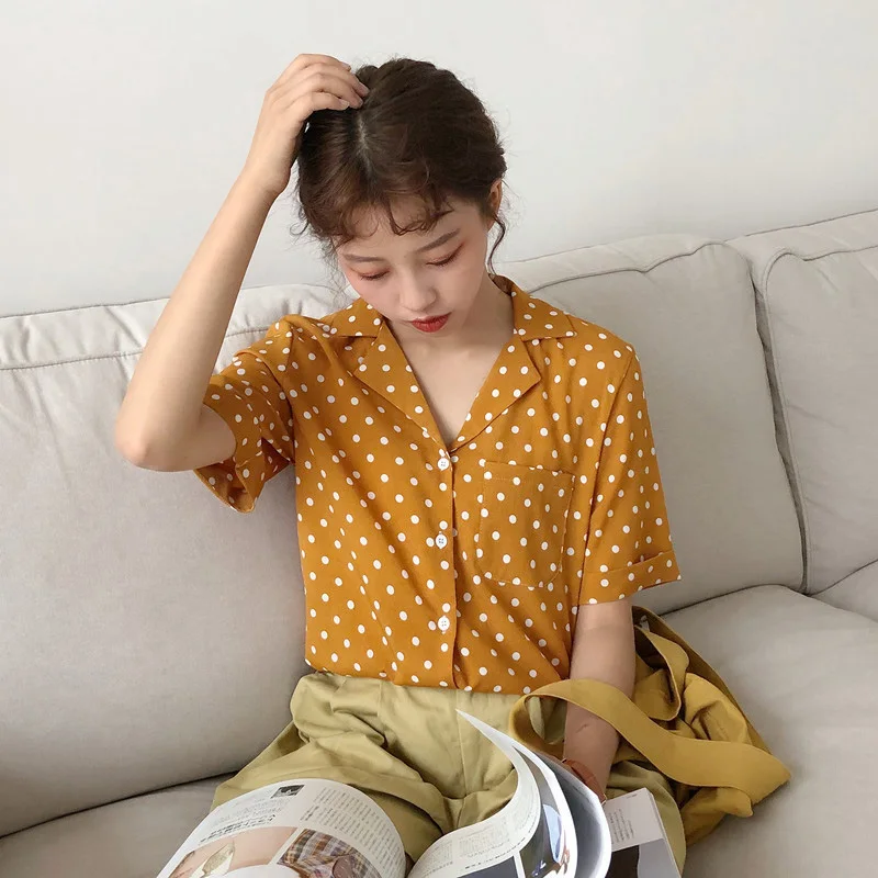 

Summer Short Sleeve Retro Blouse Women Polka Dot Print Shirts Slim Short Sleeve Turn-down Collar Polo Shirt Fashion Blouses