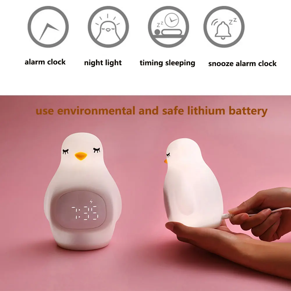Светодиодный ночник с пингвином будильник животными силиконовая настольная