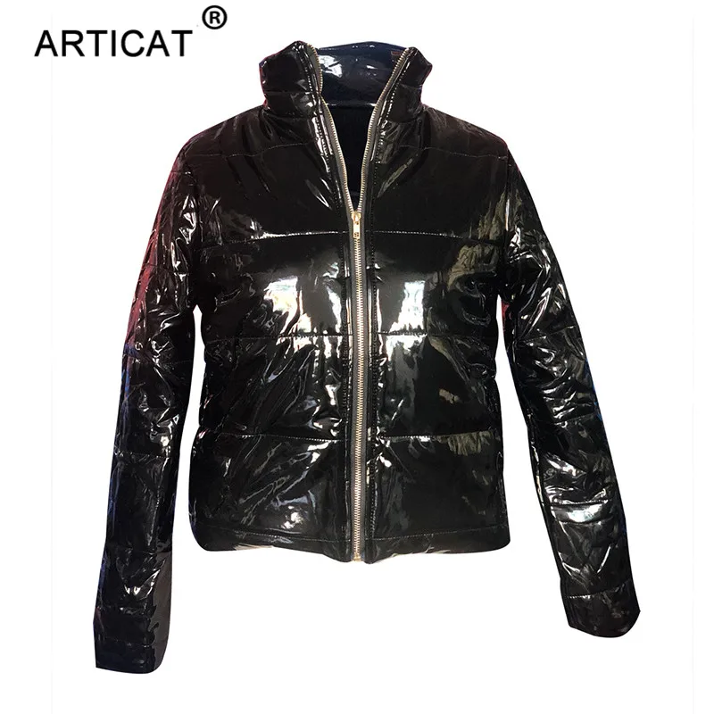 Black Articat зимняя куртка из искусственной кожи на молнии Женская Короткая Толстая парка со стоячим воротником стеганая куртка Верхняя одежда Пальто-пузырь с длинным рукавом - Цвет: Black