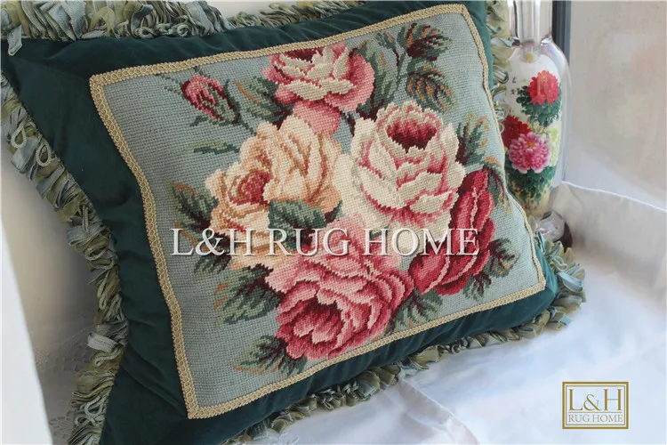 

FREE SHIPPING 15K 20"x24" Needlepoint pillow, handknotted cushion with floral designs no insertion