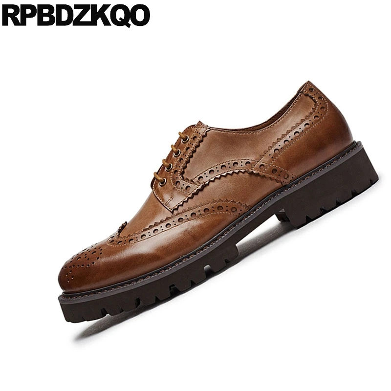 Брендовая коричневая Роскошные Кожаные криперы Wingtip британский стиль реального броги на шнуровке для подиума модные оксфорды Мужская обувь лето