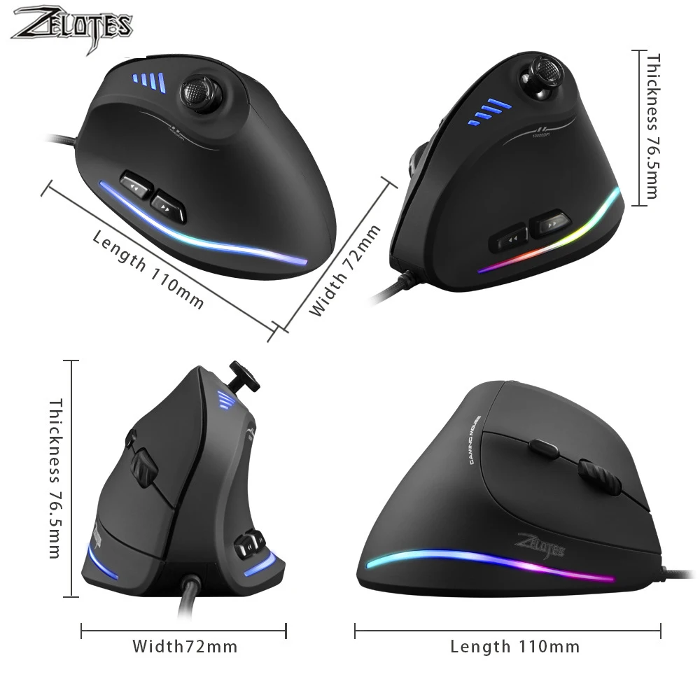 Вертикальная Проводная оптическая игровая мышь ZELOTES USB 10000 DPI 12 программируемых