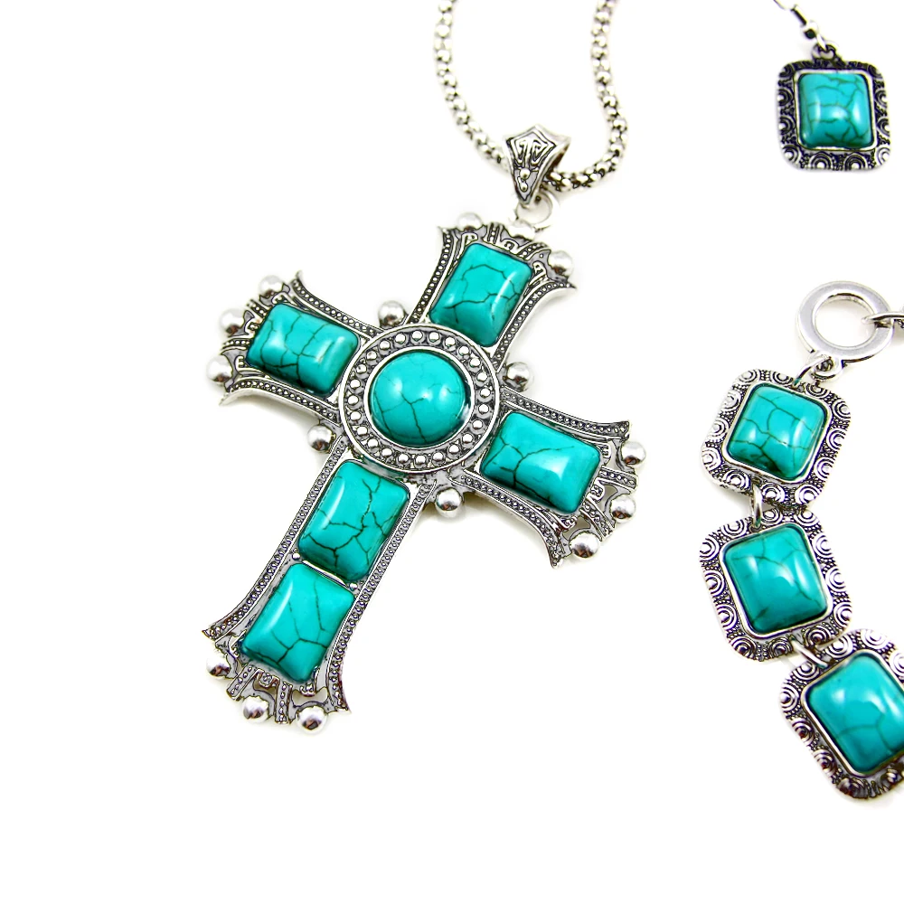 Ретро зеленый каменный крест кулон ожерелье серебряная цепь большой для женщин