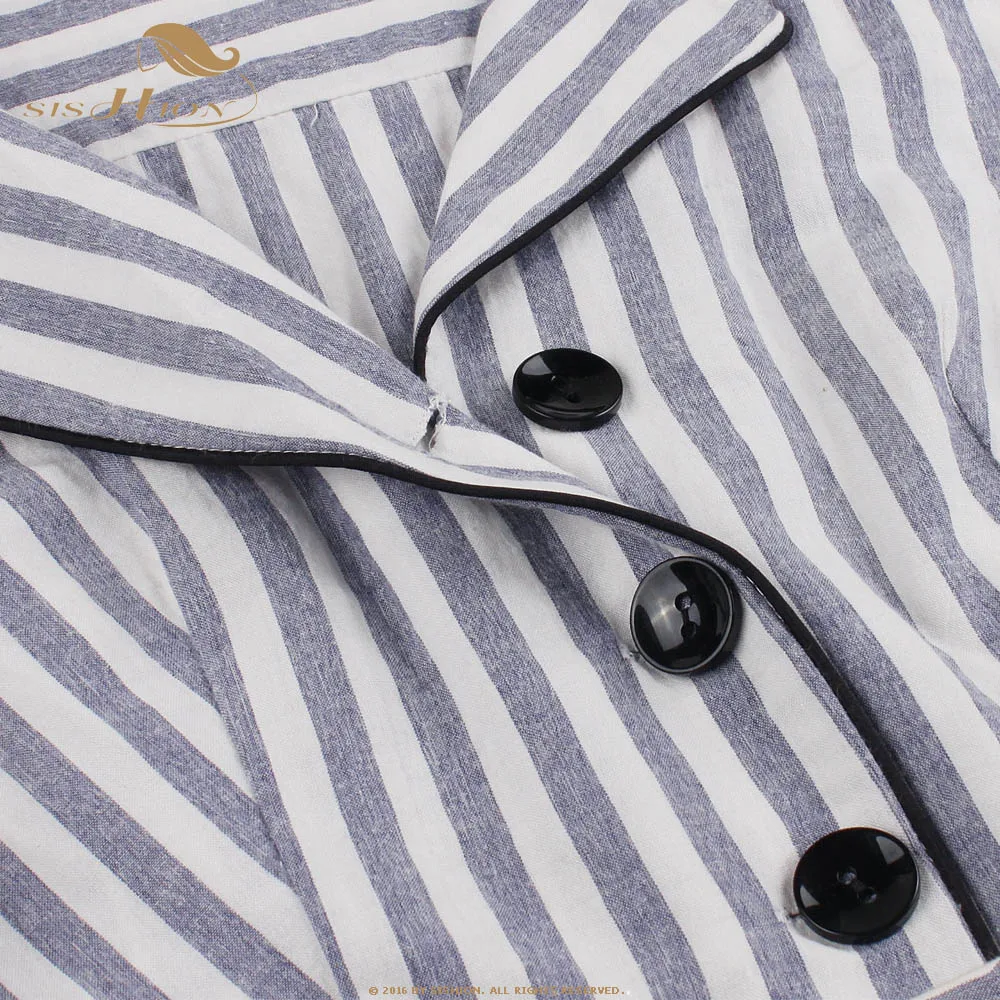 

SISHION Swing Vintage Retro Dress VD1122 Sleeveless Slim Tunic Summer Grey Striped Women Ladies Party Dress