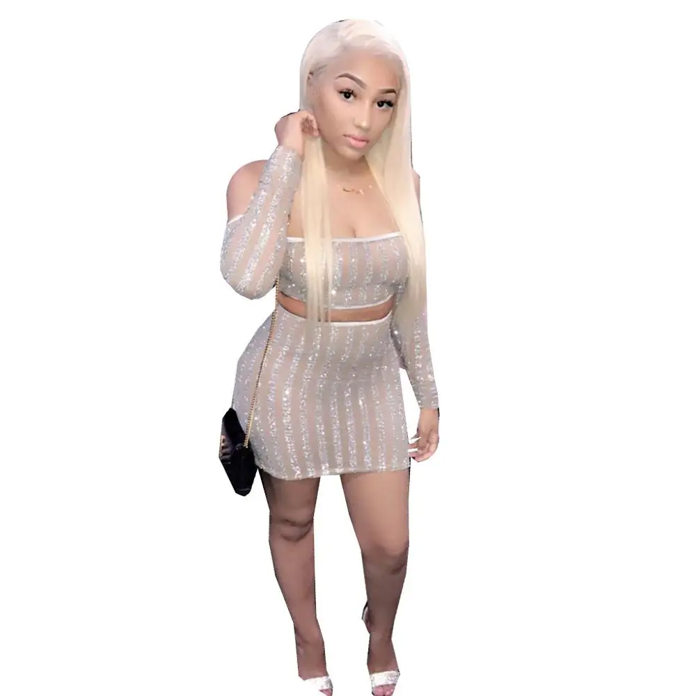 sliver dress set Adogirl, в полоску, с блестками, из прозрачной сетки, Женский комплект из двух предметов, сексуальный, с вырезом лодочкой, с открытыми плечами, с длинным рукавом, укороченный топ, мини-юбка, Клубные наряды - Цвет: sliver dress set
