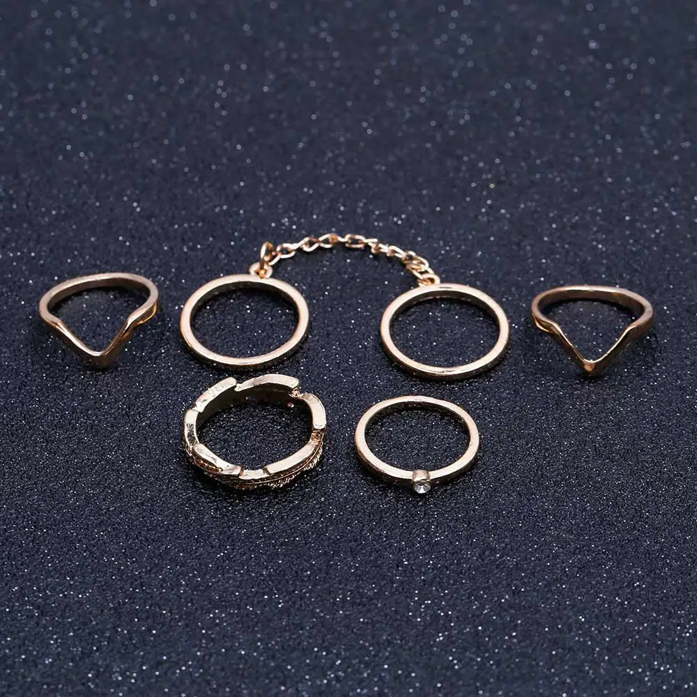 R006 Gold color 6 шт./лот, уникальный комплект панк-колец с кристаллами в виде листьев, стильные кольца золотого цвета на кастет для женщин, кольца на палец средней длины, кольца на кончик пальца, набор колец на цепочке - Цвет основного камня: R006 Gold color