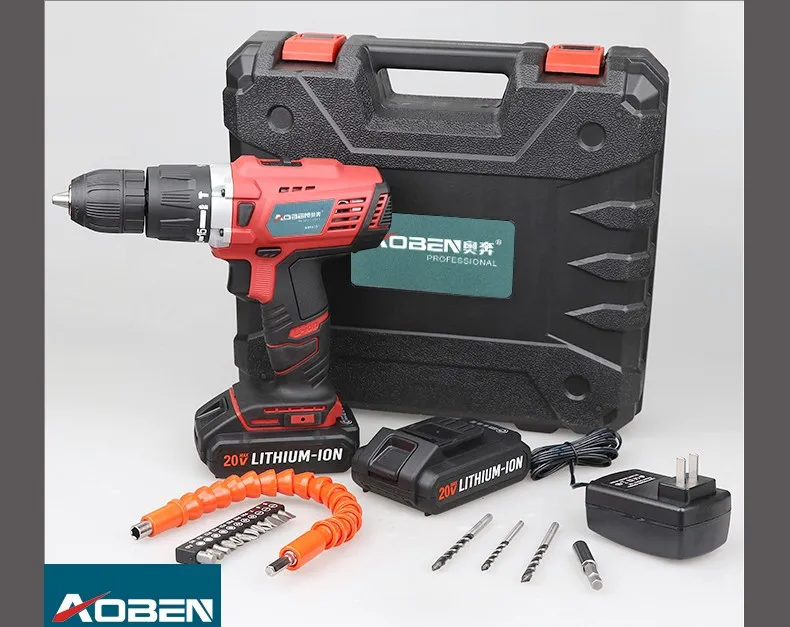 AOBEN 20 В переменного тока Dremel Аккумуляторная дрель с двумя литиевыми батареями электроинструменты сверлильный станок Ударная дрель с BMC