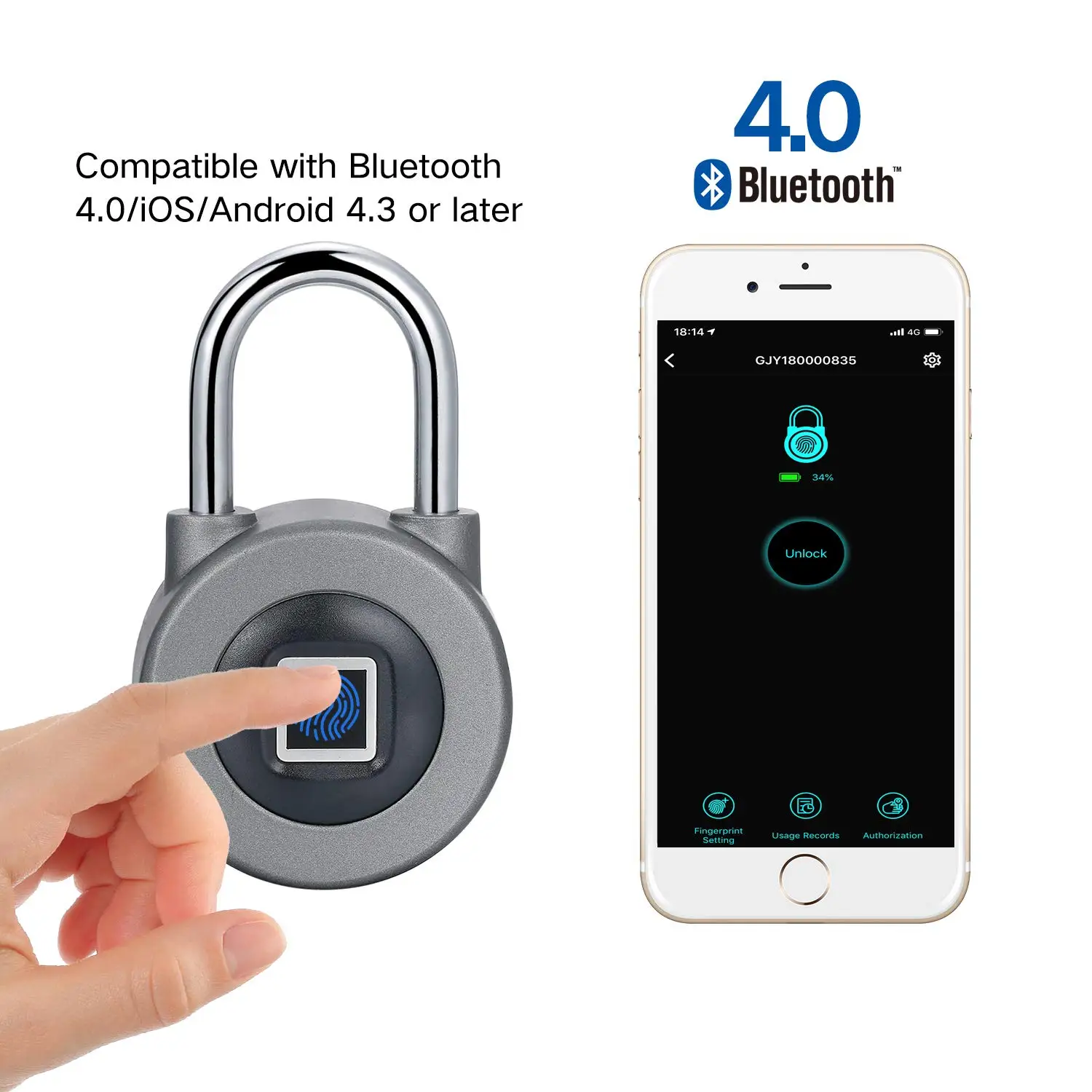 Водонепроницаемый БЕСКЛЮЧЕВОЙ портативный Bluetooth умный замок висячий замок отпечатков пальцев Противоугонный iOS Android приложение управление дверным шкафом мини-замок