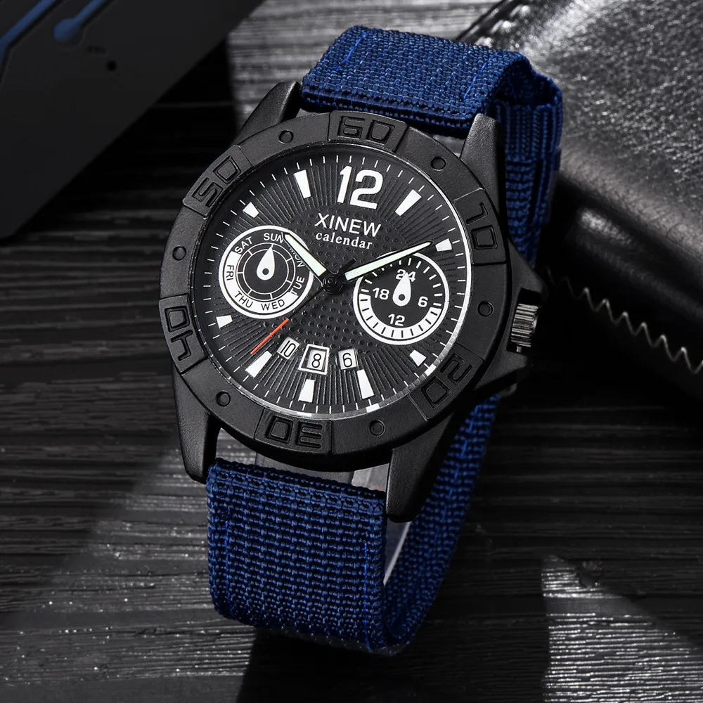 XINEW Canvas Wrist Watches Men's Sport Calendar Clock Relogio Masculino Top Brand Men Steel Dial Military Quartz Watch#Zer
