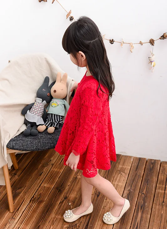 С длинным Рукавом Девушки Платья 2016 Летний детский Костюм Hollow Марля Кружева