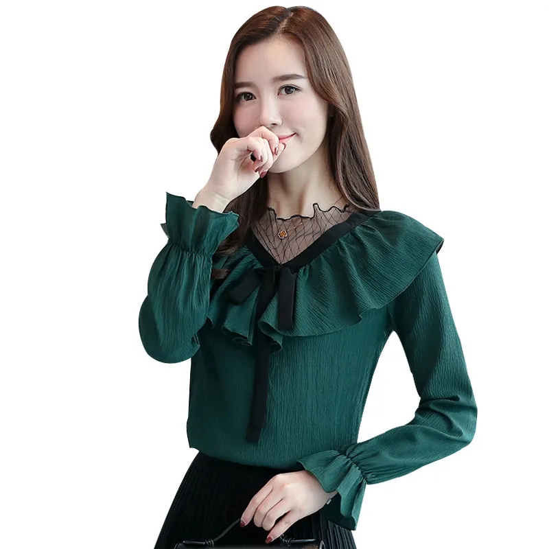 2018 весенне-осенняя женская рубашка однотонная шифоновая блузка с