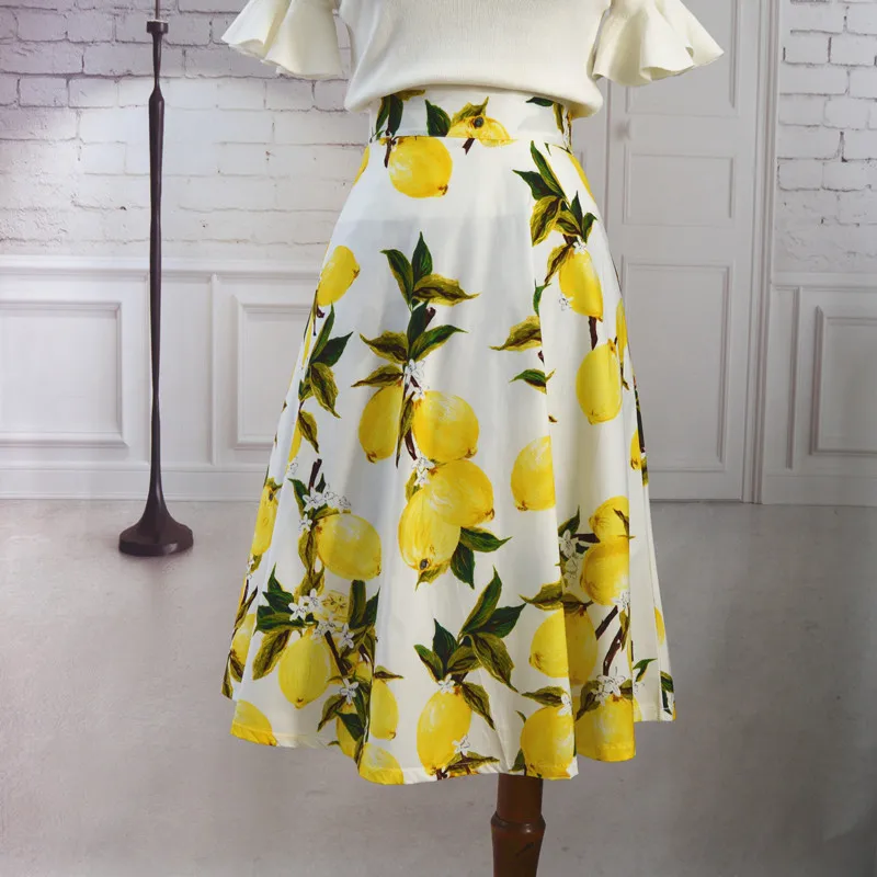 

Womens Customize Lemon Flower Print skirts Ladies Casual High Waist A Line Retro umbrella skirt