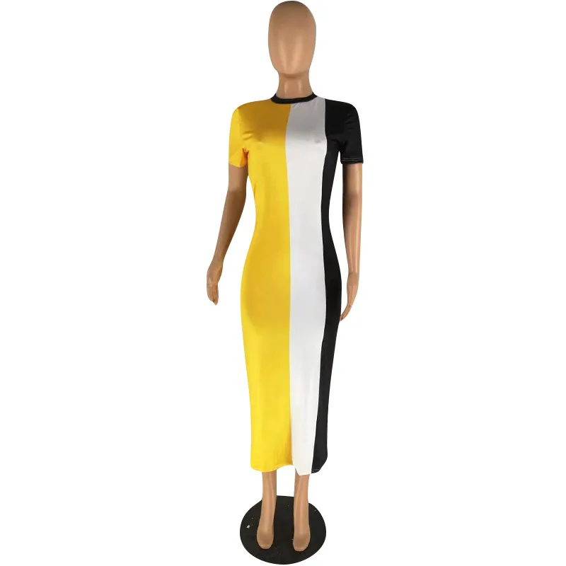 Europe and the United States women's clothing color long joining together dress with short sleeves C627 | Женская одежда