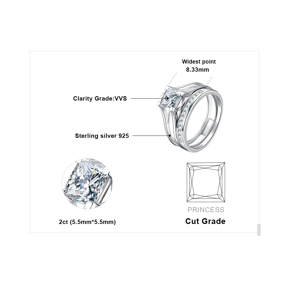 JewelryPalace Горячие 2ct Принцесса Cut пасьянс кольцо Обручение обручальное кольца Свадебные канала комплекты 925 пробы Серебряные ювелирные изделия
