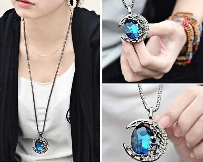 High Quality Retro Wild Gemstones Moon Decoration Long Necklaces Sweater Pendant Necklace For Women Fashion Jewelry | Украшения и