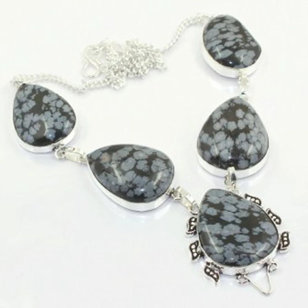 

Snowflake Obsidian Necklace Silver Overlay over Copper, 50 cm, N3891