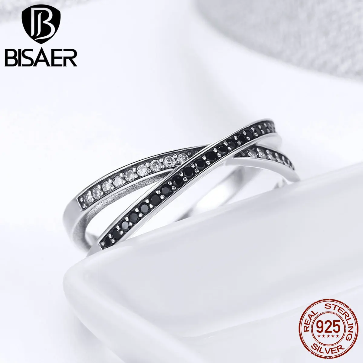BISAER Anel, 925 пробы, серебряный крест, геометрический, прозрачный, CZ, черный палец, кольца для женщин, подлинное серебро, свадебные ювелирные изделия ECR439