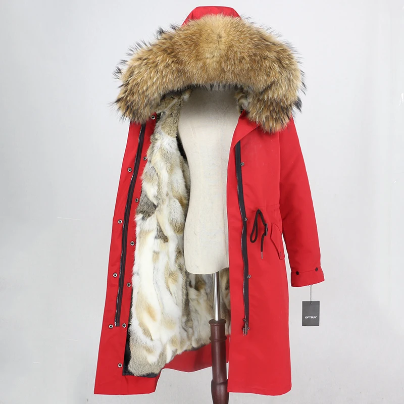 OFTBUY водонепроницаемая верхняя одежда X-long Parka зимняя куртка женская шуба из натурального меха енота капюшон Подкладка из натурального кроличьего меха